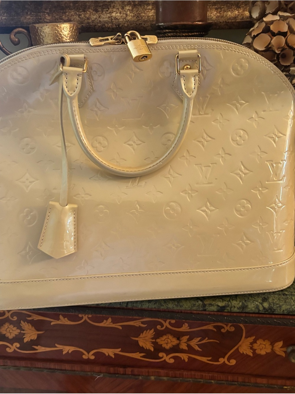Louis Vuitton Cream Vernis Alma Satchel with Gold Hardware